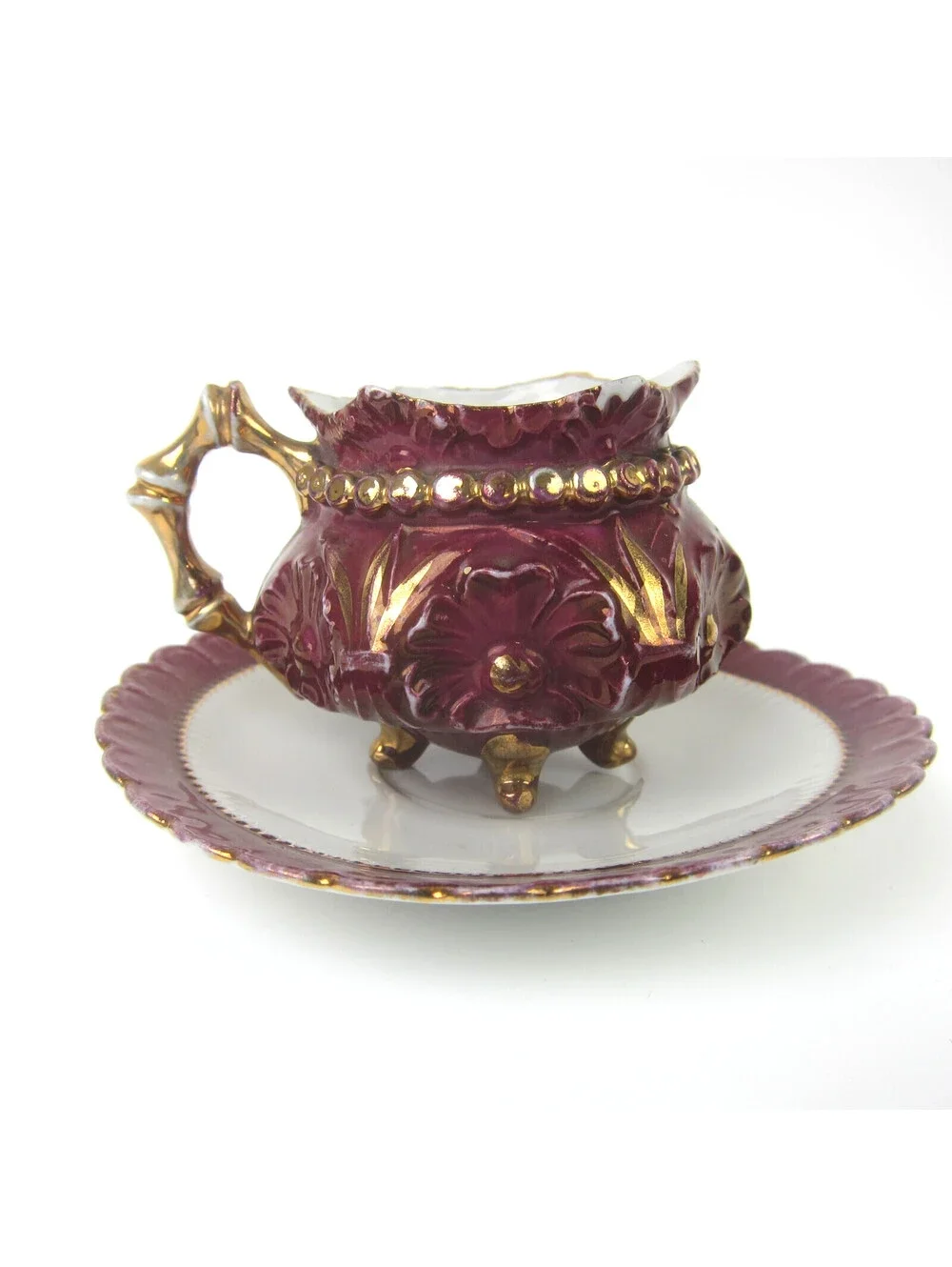Antique Porcelain Footed Tea Cup & Saucer Set Burgundy & Gold Floral Demitasse
